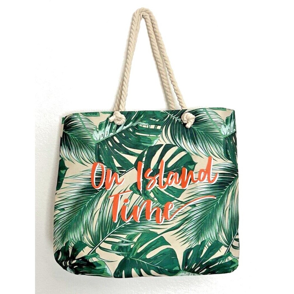 Canvas Tote Bag “On Island Time”  Rope Handles Beach Cruise Vacation Sz 18x14